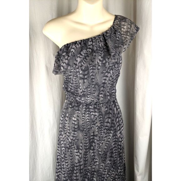 Anthropologie Sweet Pea Gray Maxi Dress M feather print one shoulder ruffles - Picture 3 of 5
